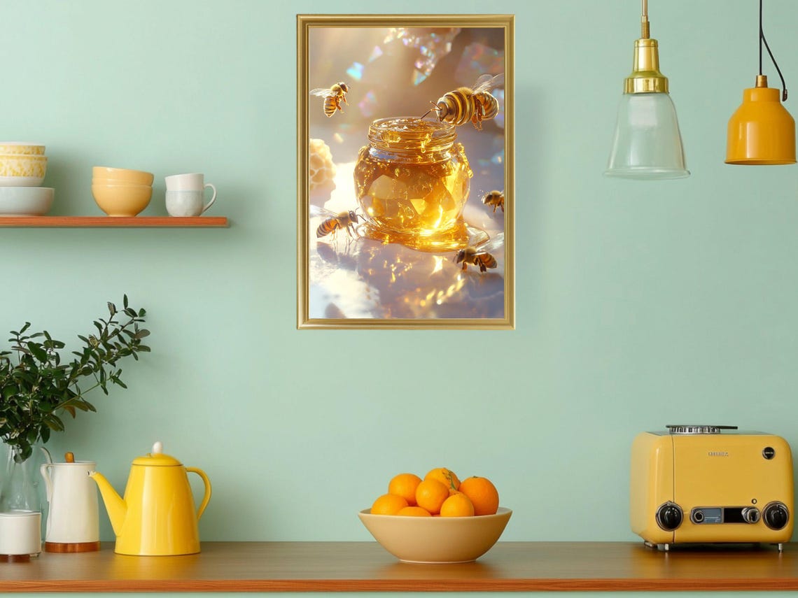Golden Honey Bee Art Print Jar Of Honey With Bees Poster Kitchen Decor Nature Photography Wall Art Honeycomb Home Decor Gift Idea - Image 3