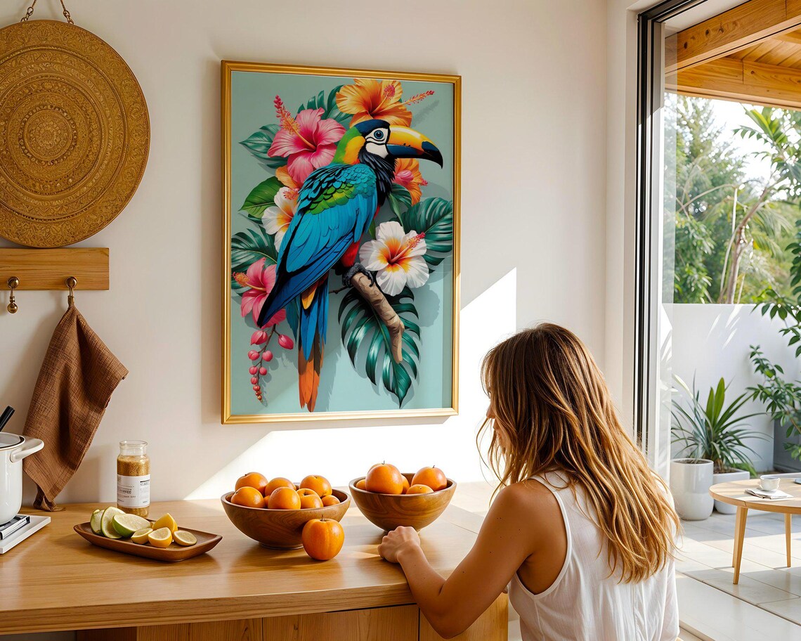 Colorful Toucan Among Hibiscus And Tropical Leaves Art Poster - Image 2