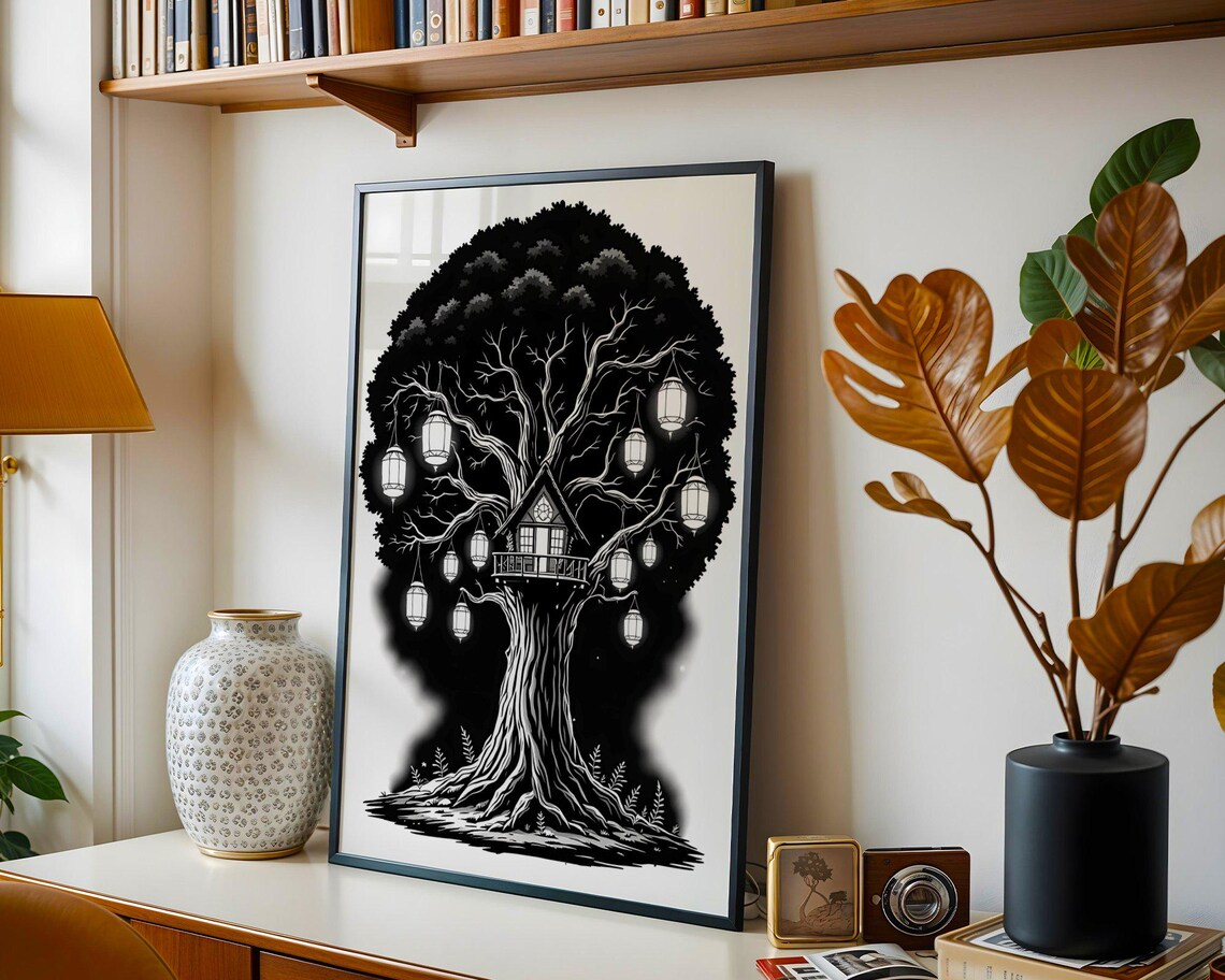 Enchanting Treehouse With Lanterns Wall Art Mystical Black And White Tree Illustration Print Nature Inspired Bohemian Decor - Image 2