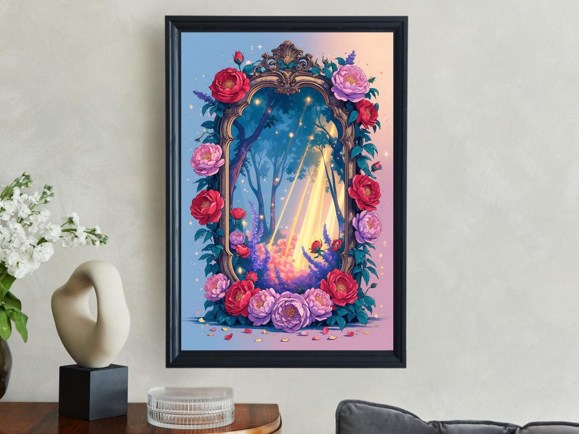 Ornate Baroque Frame With Roses Around A Glowing Forest Pathway Poster