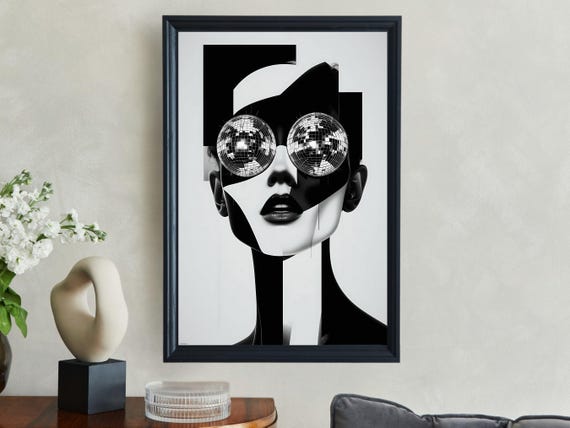 Modern Abstract Wall Art Black And White Geometric Print Contemporary Disco Ball Eyes Unique Artwork Poster