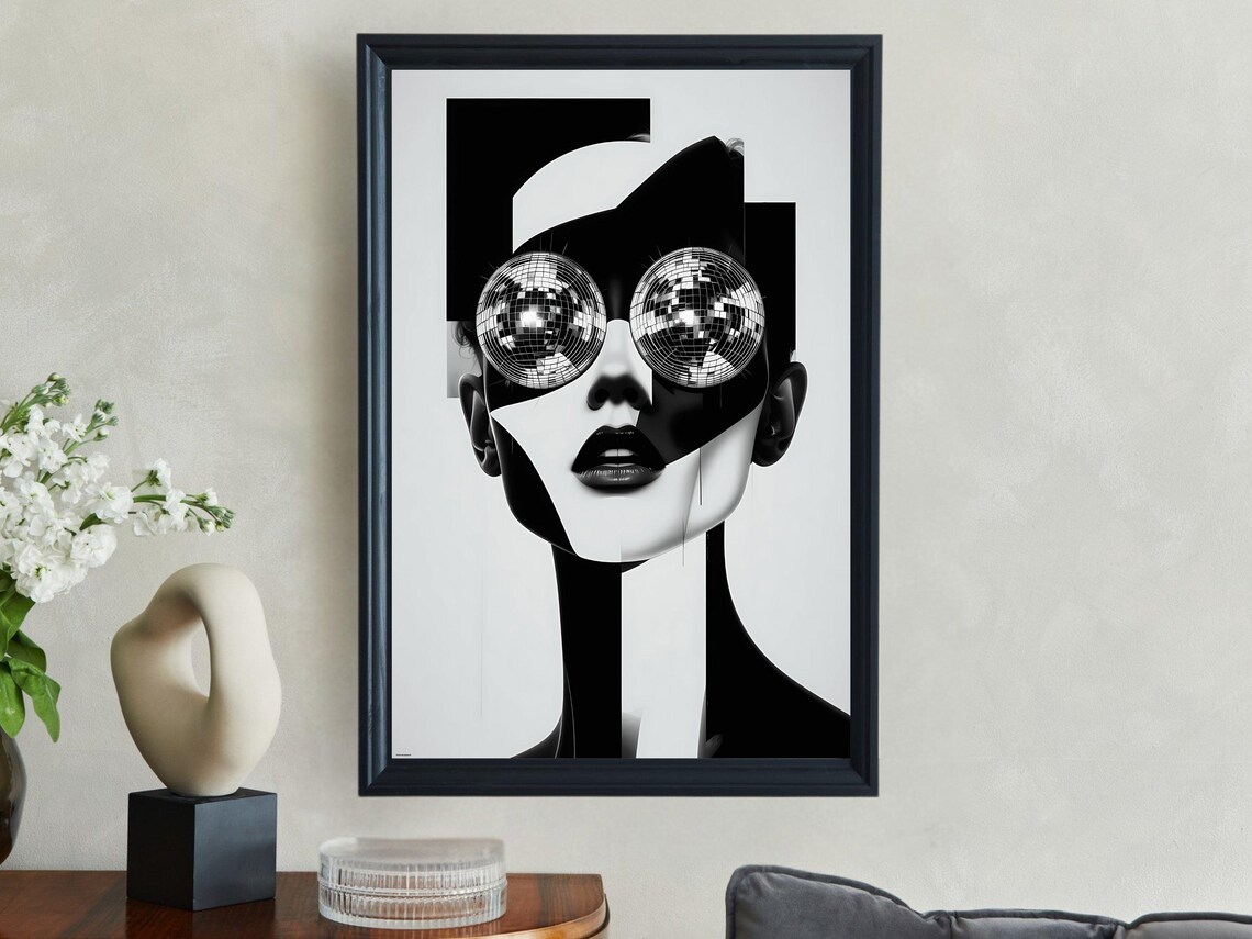 Abstract Woman With Disco Ball Eyes Black White Pop Art Poster