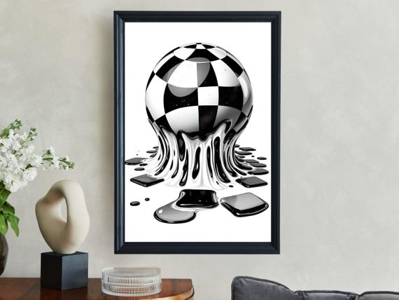Abstract Optical Illusion Wall Art Minimalistic Black And White Checkered Sphere Melt Modern Home Decor Geometric Art Print