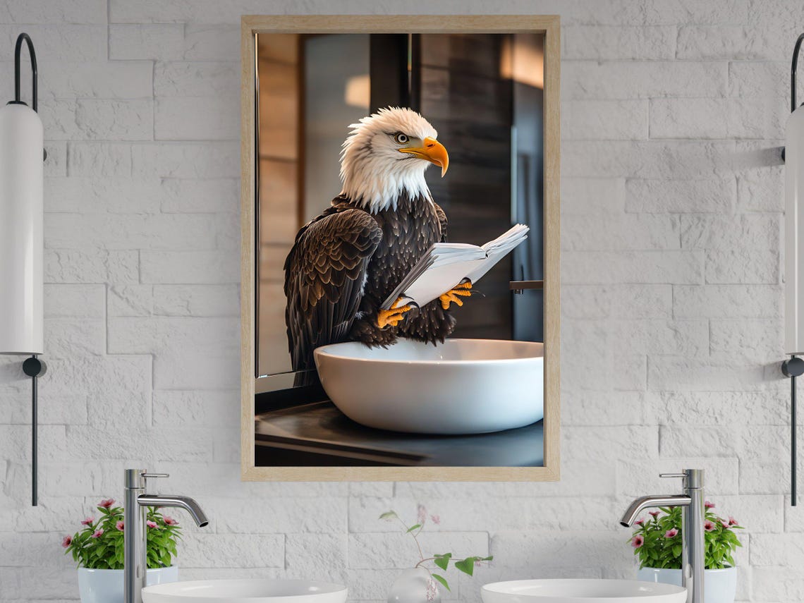 Bald Eagle Perched on a Bathroom Sink Reading a Newspaper Poster