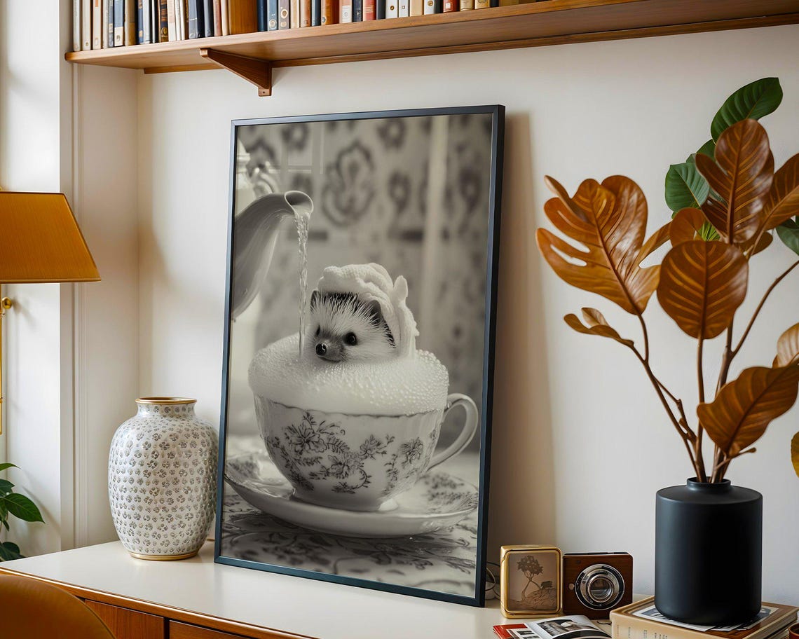 Tiny Hedgehog Bathing in a Teacup Black and White Photo Print - Image 4