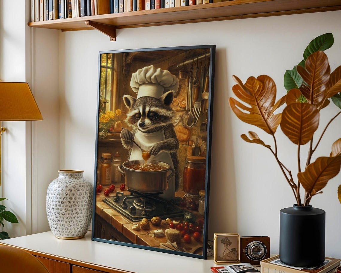 Raccoon Chef Stirring Soup in a Rustic Farmhouse Kitchen Poster - Image 4