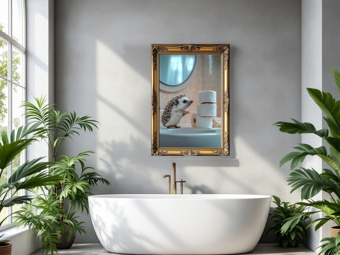 Curious Hedgehog on a Bathroom Sink Beside Toilet Paper Rolls Poster - Image 3