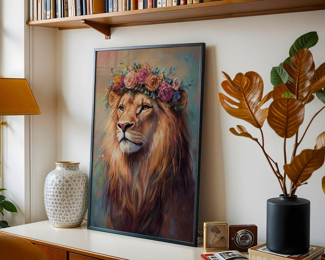 Majestic Lion Wearing a Flower Crown Painted Portrait Animal Poster - Image 5