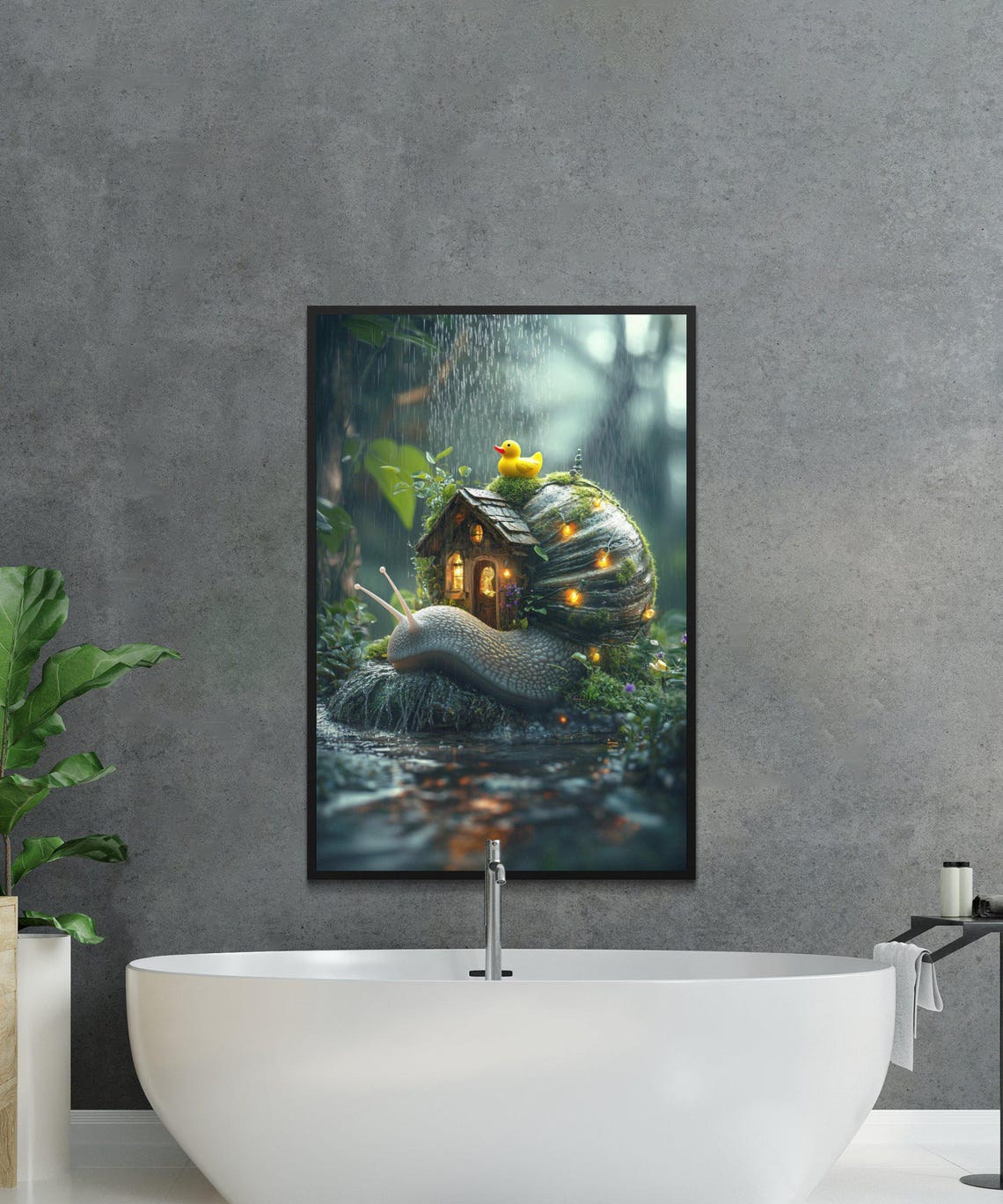 Giant Snail Carrying a Glowing Cottage in the Rain Fantasy Poster - Image 2