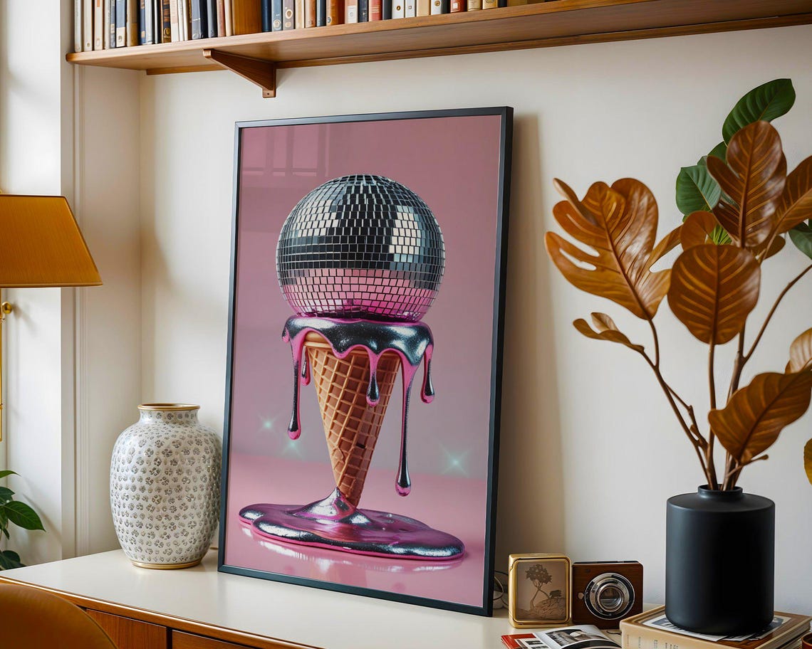 Disco Ball Ice Cream Cone Wall Art Fun Pastel Art Print Unique Ice Cream Decor Modern Art Poster 3d Ice Cream Print - Image 5