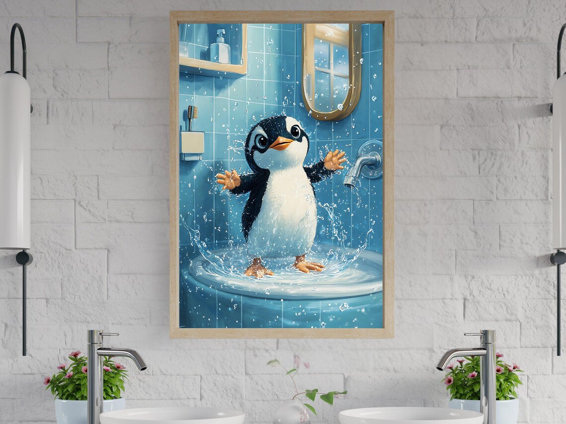 Adorable Baby Penguin Splashing Joyfully in the Bathroom Sink Poster