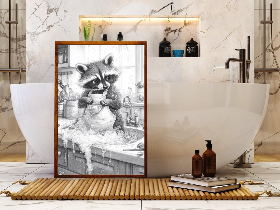 Pencil Sketch of a Raccoon Washing Dishes in a Bubbly Kitchen Sink Poster - Image 5