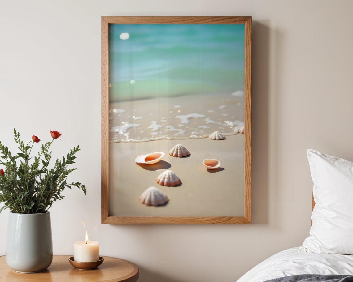Coastal Seashells Beach Scene Print Ocean Waves Wall Art Nautical Photography Decor Seaside Home Decoration Beach Lovers Gift