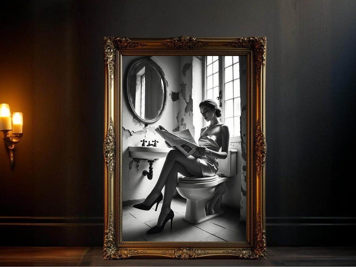 Woman Reading A Newspaper In A Rustic Vintage Bathroom Poster