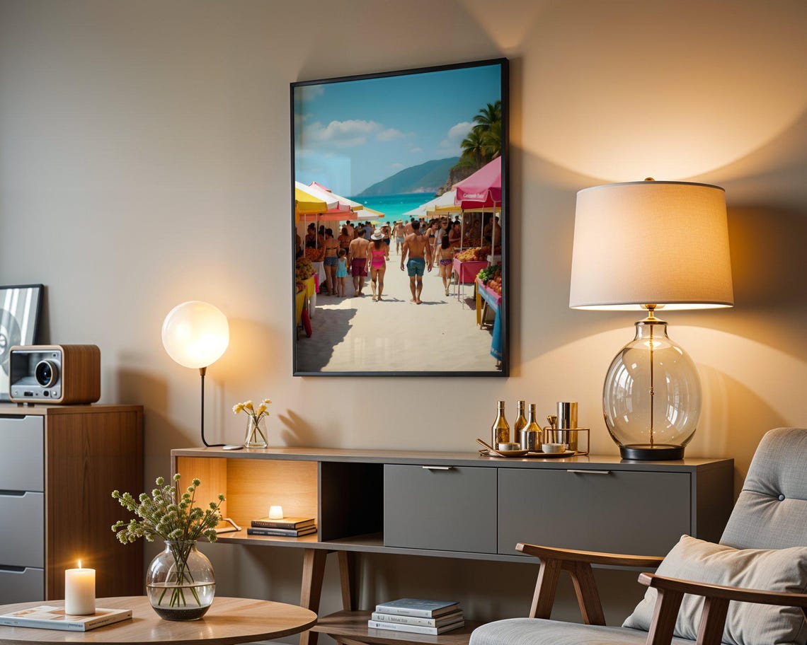 Colorful Beachside Market Stalls on Busy Summer Beach Poster - Image 5