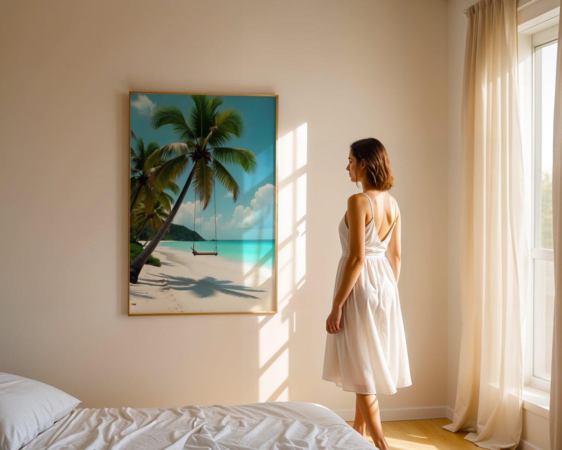 Beach Swing Hanging from Leaning Palm Tree Tropical Paradise Poster - Image 4