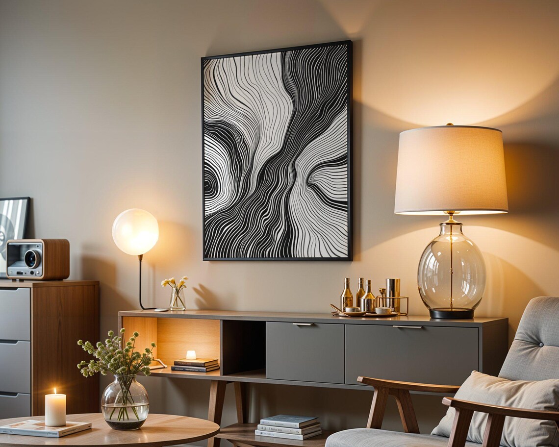 Black And White Flowing Wave Line Art Abstract Minimalist Poster - Image 4
