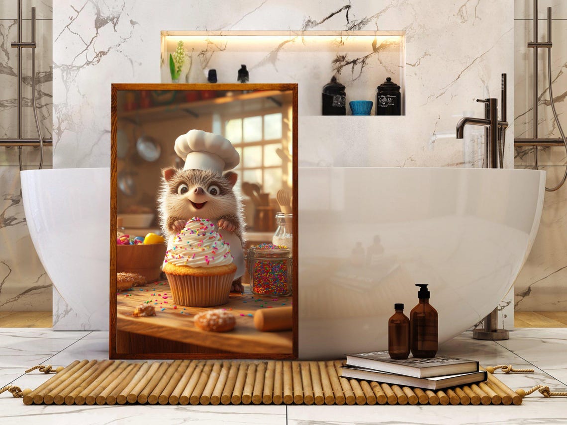 Hedgehog Chef Decorating a Giant Sprinkle Cupcake Kitchen Poster - Image 5