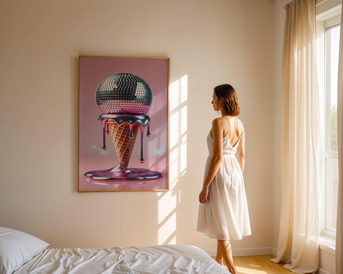 Disco Ball Ice Cream Cone Melting Scoop Pink Surreal Dessert Poster - Image 3
