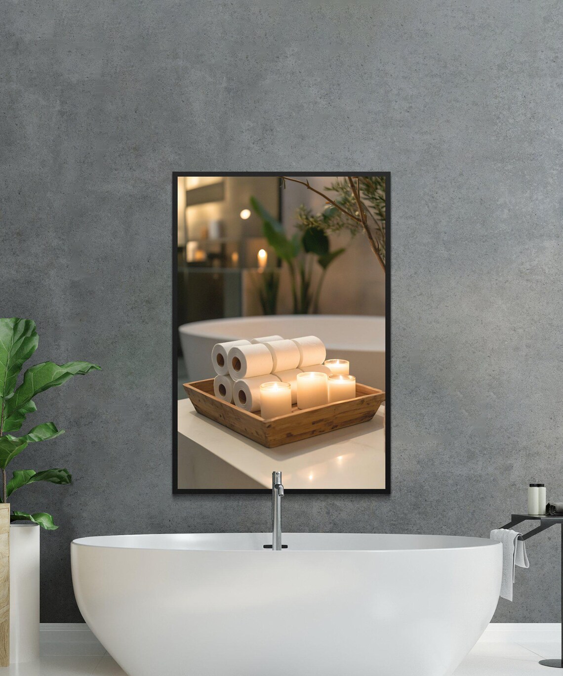 Candlelit Wooden Tray of Toilet Paper Rolls in a Spa Bathroom Poster - Image 2