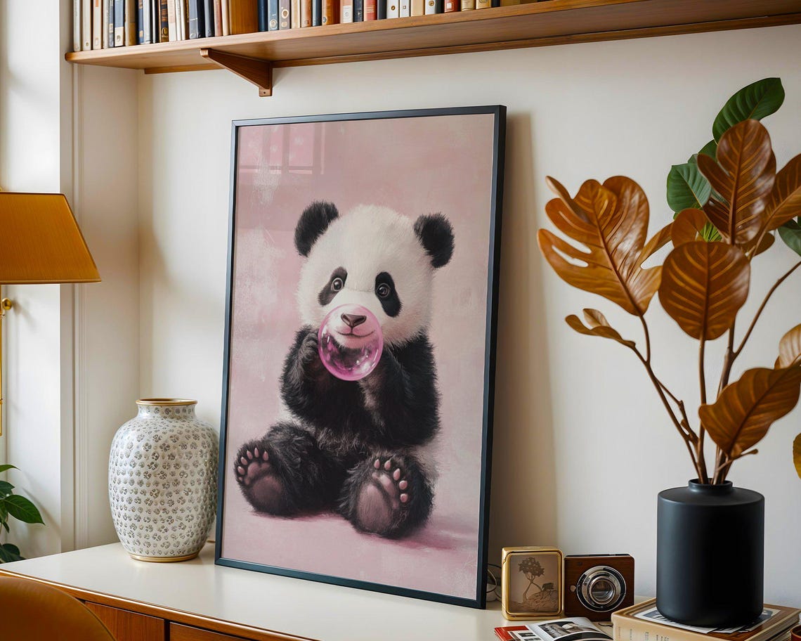 Baby Panda Blowing A Pink Bubblegum Bubble On Soft Pink Poster - Image 2