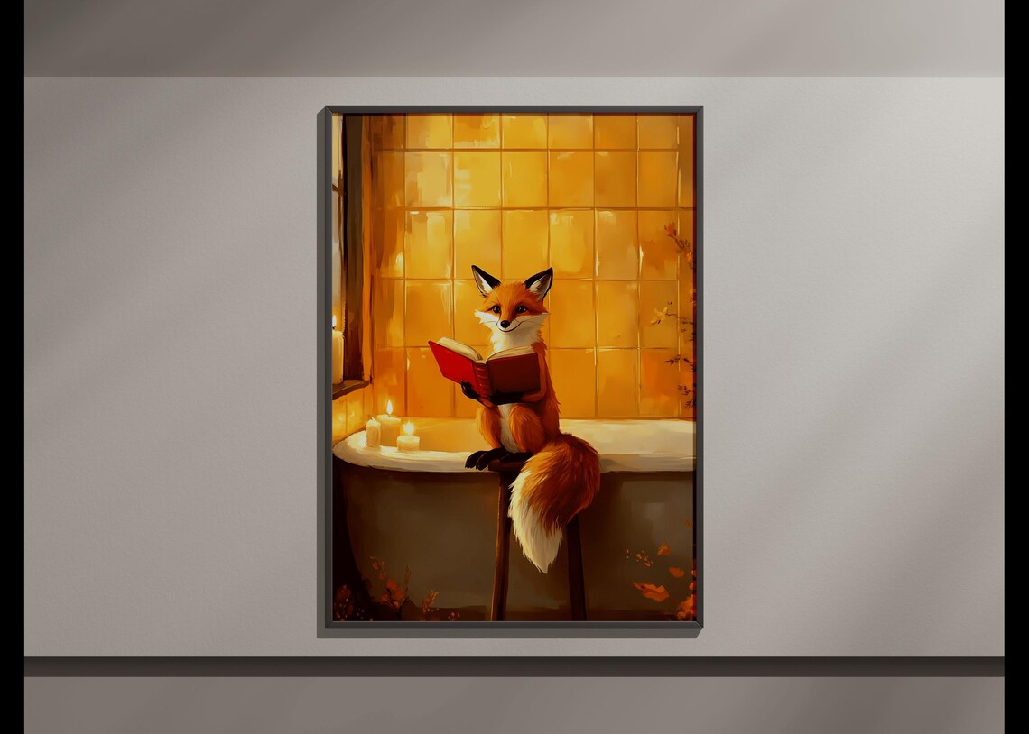 Orange Fox Reading Book Sitting On Bathtub Edge Warm Bathroom Poster - Image 4
