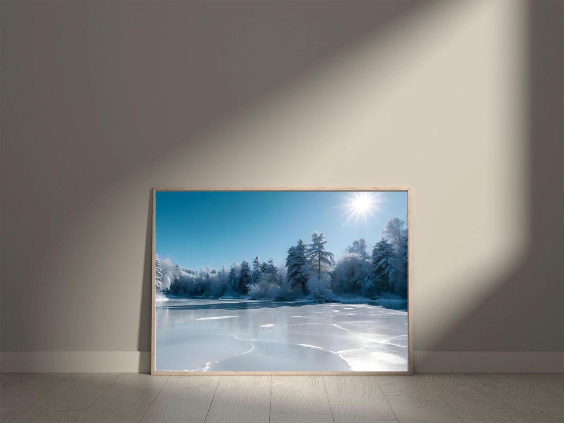 Frozen Lake with Frosted Forest Beneath a Brilliant Blue Sky Poster - Image 5