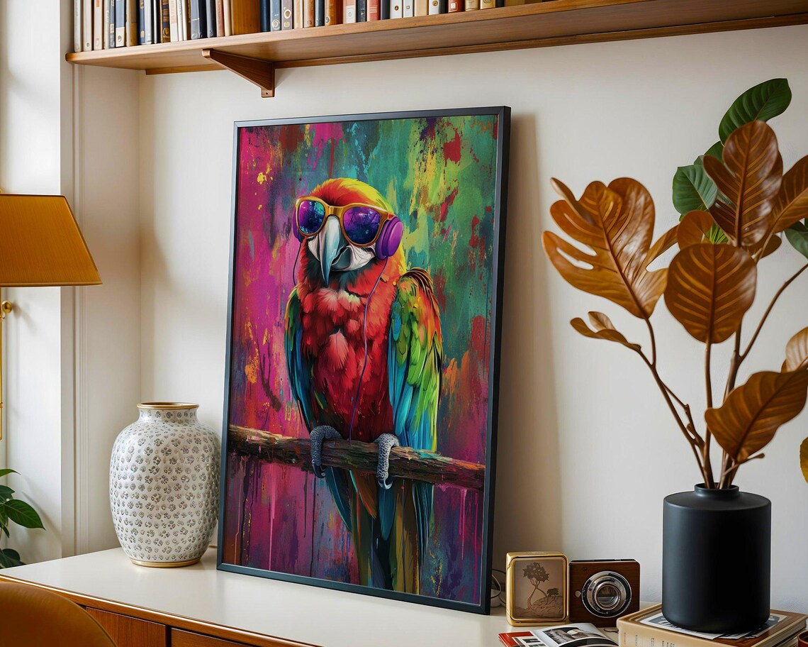 Scarlet Macaw With Orange Sunglasses and Headphones Art Poster - Image 2