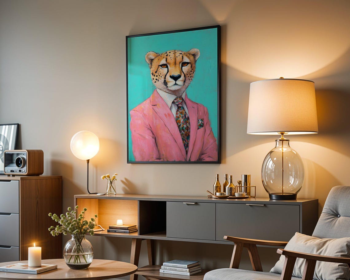 Dapper Cheetah In A Pink Suit With Tie On Turquoise Background Poster - Image 4