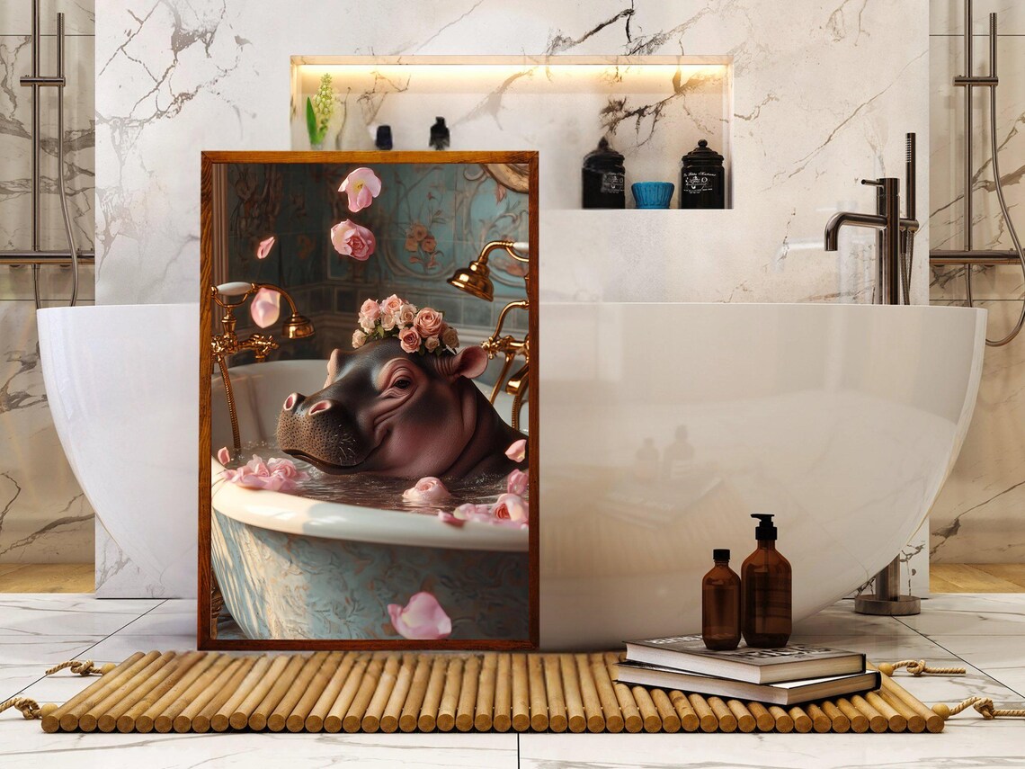 Hippo in Bathtub With Flower Crown and Rose Petals Art Poster - Image 5
