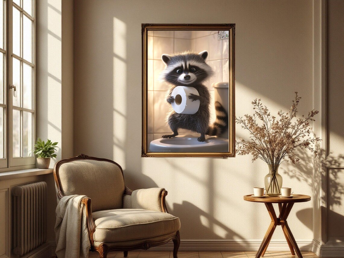 Adorable Baby Raccoon Holding Toilet Paper on the Toilet Poster - Image 4