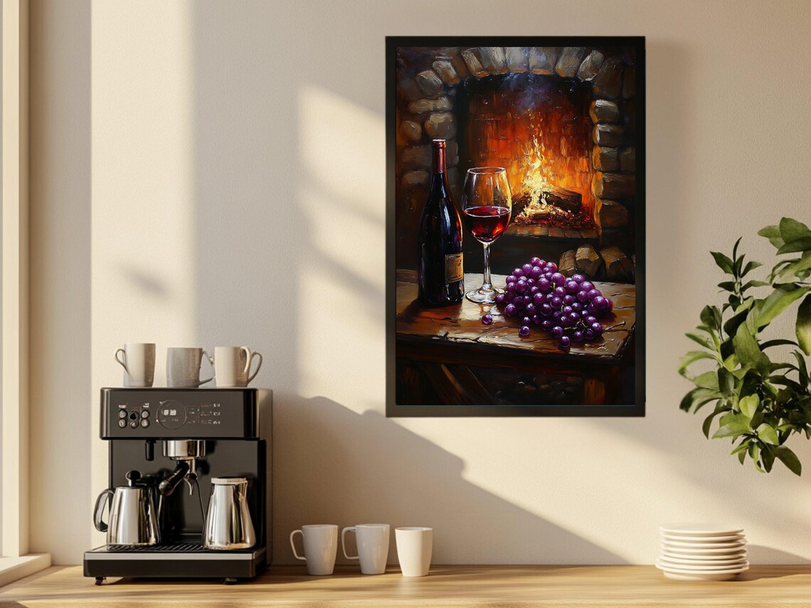 Red Wine and Grapes Still Life Painting by a Fireplace Poster - Image 2