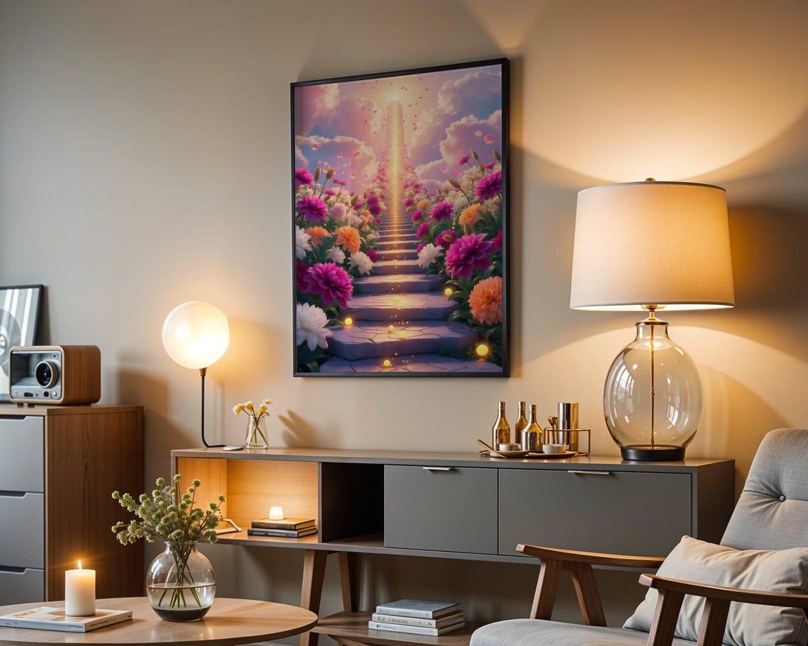 Flower Lined Staircase Rising Into Glowing Pink Clouds Poster - Image 3