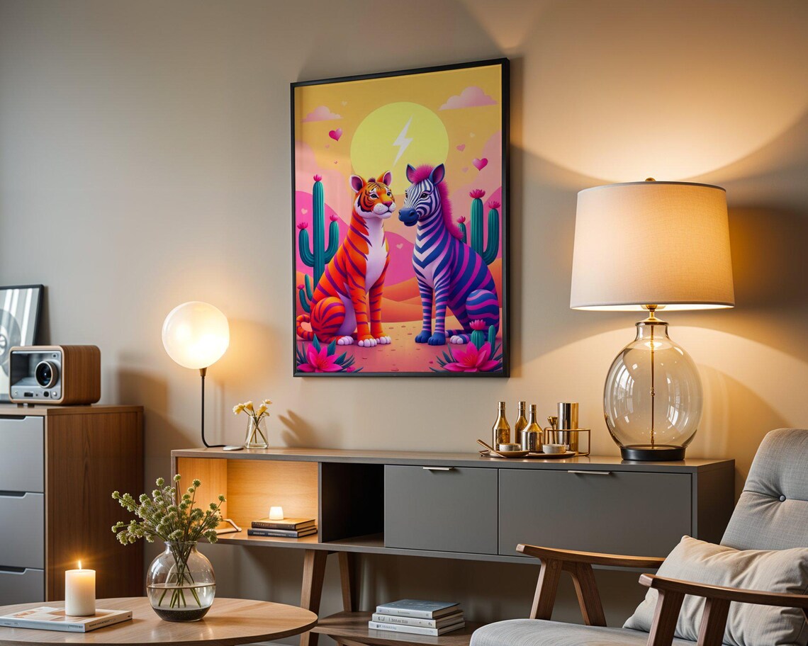 Colorful Tiger and Zebra Friends at Sunset Desert Cactus Art Poster - Image 3