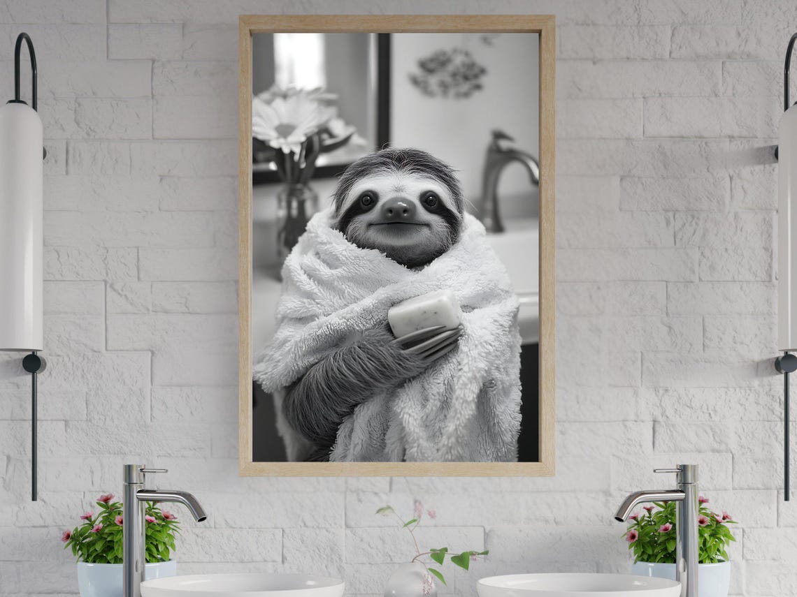 Sloth Wrapped in a Fluffy Towel Holding a Bar of Soap Poster
