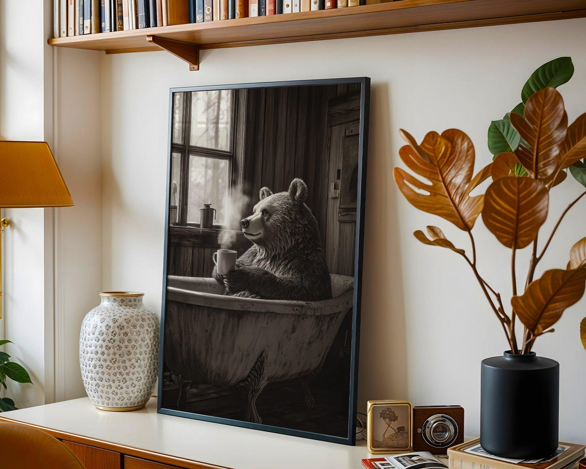Cozy Bear Bath Sipping Coffee Rustic Cabin Morning Art Print - Image 4