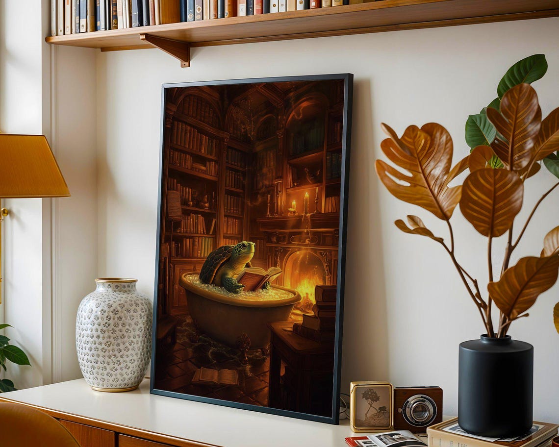 Turtle Reading Book in Bubble Bath Library Fireplace Art Poster - Image 4