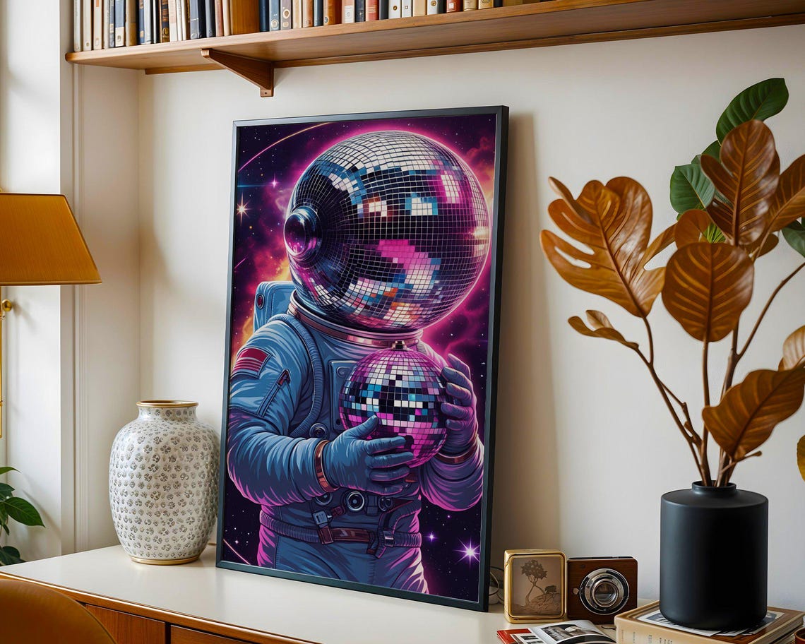 Astronaut With Disco Ball Helmet Holding Mirror Ball Space Poster - Image 5