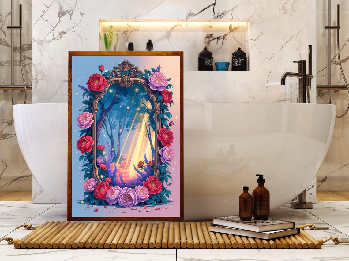 Ornate Baroque Frame With Roses Around A Glowing Forest Pathway Poster - Image 5