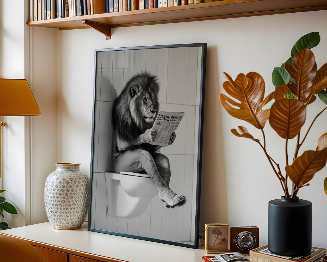 Black And White Lion Reading A Newspaper While Sitting On A Toilet Poster - Image 5