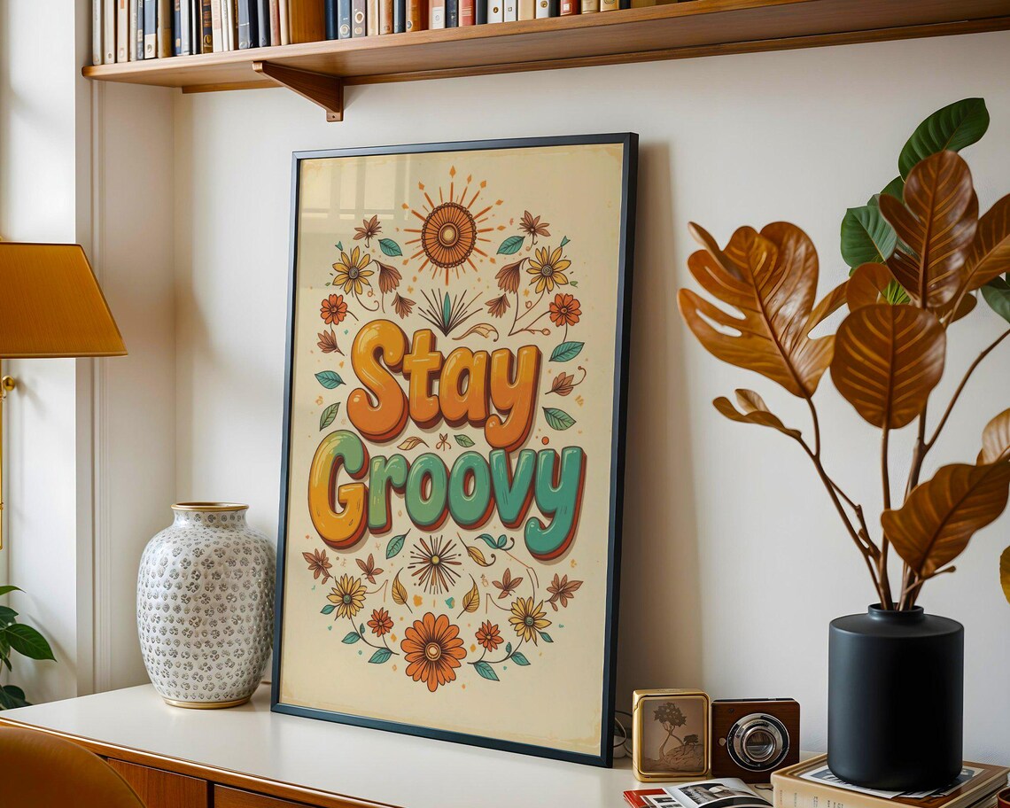 Stay Groovy Retro 70s Flower Power Bubble Letter Hippie Quote Poster - Image 3