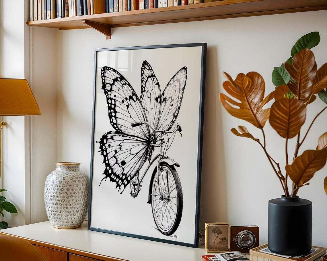 Butterfly Bicycle Wall Art Print Unique Bicycle Art Poster Butterfly Wings Bike Illustration Modern Home Decor Nature Inspired Art - Image 2