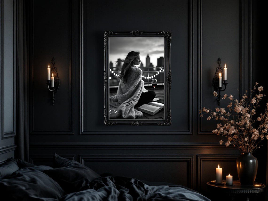 Woman Wrapped In A Cozy Knit Blanket On A Rooftop At Dusk Poster - Image 3