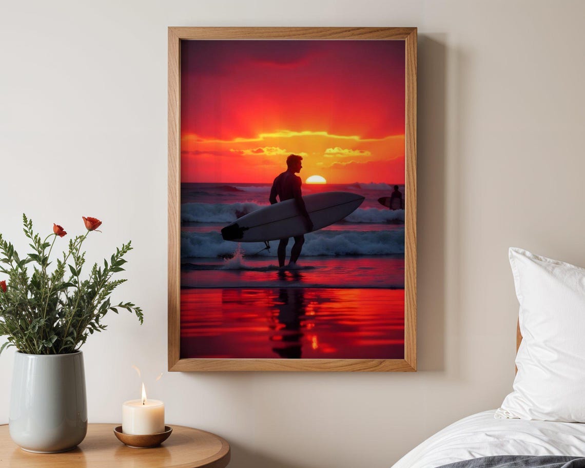 Surfer Silhouette Carrying Board Across Red Sunset Beach Poster