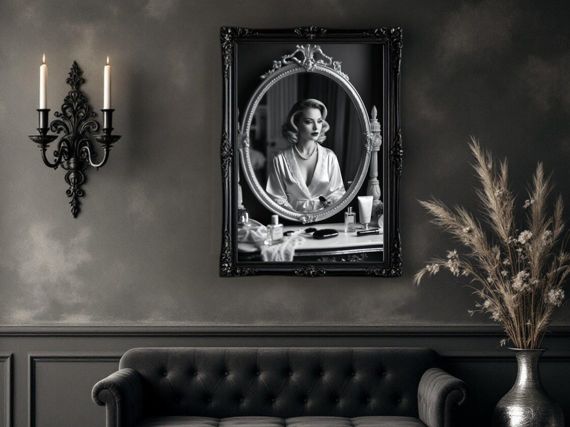 Woman in Silk Robe Reflected in Ornate Oval Vanity Mirror Poster - Image 4