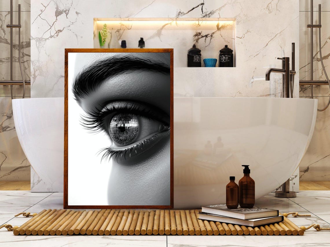Woman's Eye Close-Up With a Disco Ball Iris Black and White Art Poster - Image 4