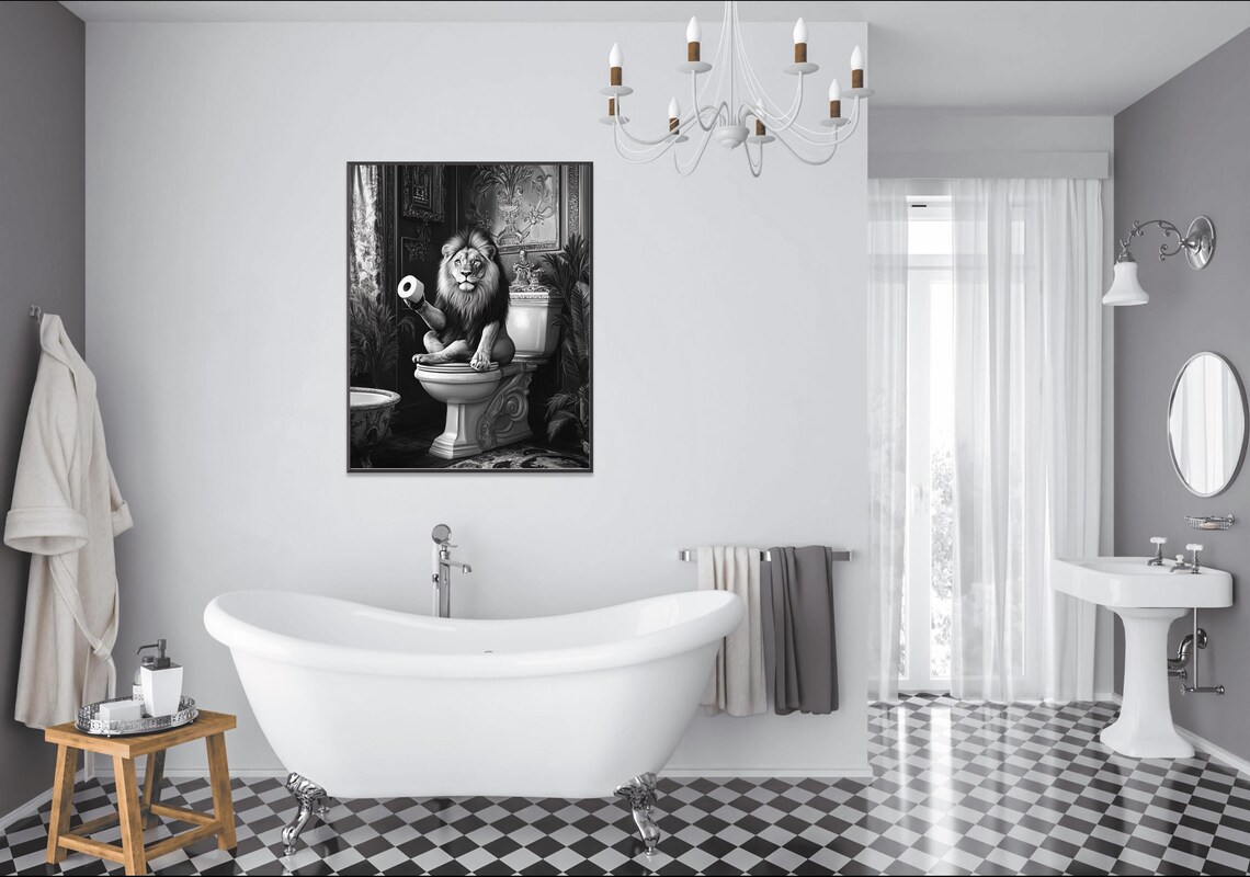 Lion Sitting On A Toilet Holding A Toilet Paper Roll Black White Poster - Image 2