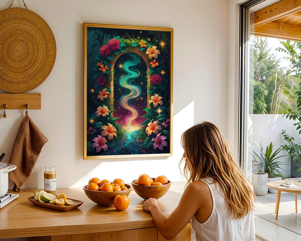 Magical Floral Archway Rainbow Light Hibiscus Night Art Print - Image 2