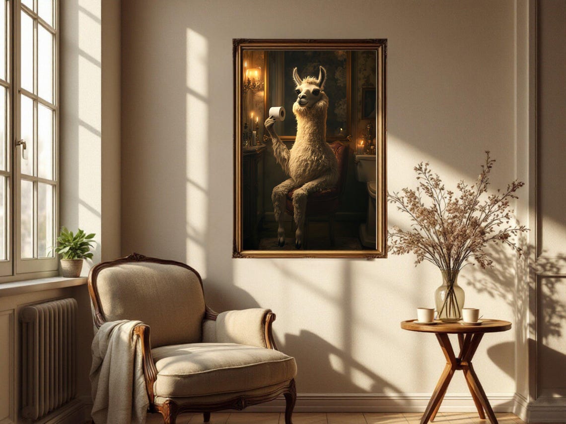 Llama Holding Toilet Paper In Candlelit Bathroom Funny Animal Poster - Image 4