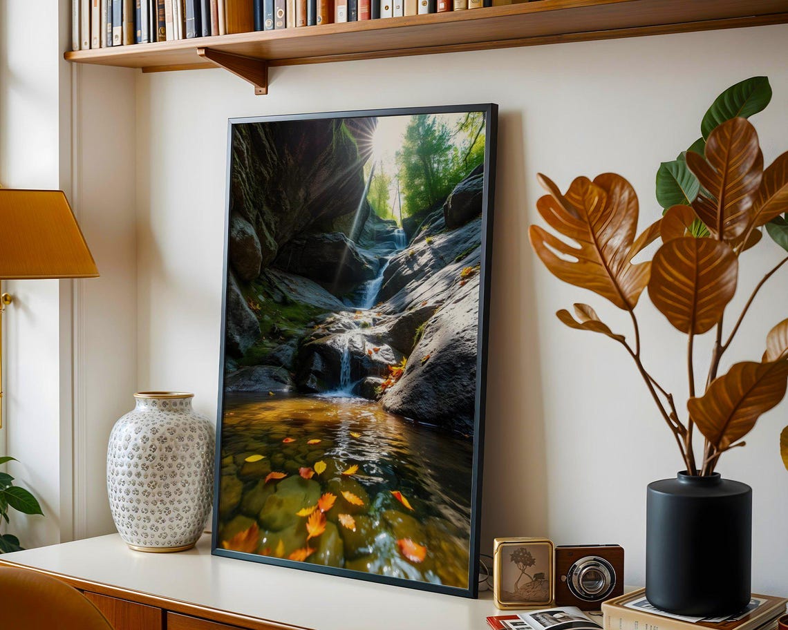 Forest Waterfall With Autumn Leaves Floating in Sunbeams Poster - Image 3